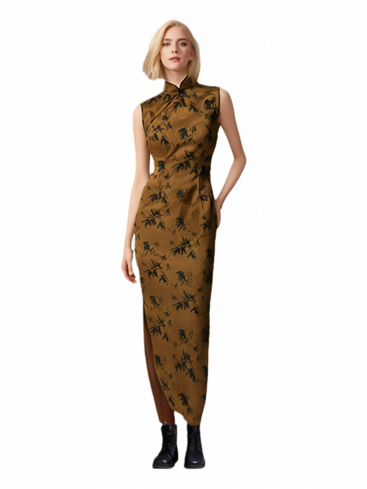 Chong Er Bamboo Forest Jacquard Side-Slit Cheongsam