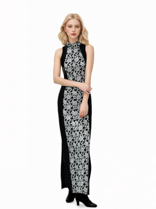 DaiYuan Black Embroidered Magnolia Print Modified Cheongsam