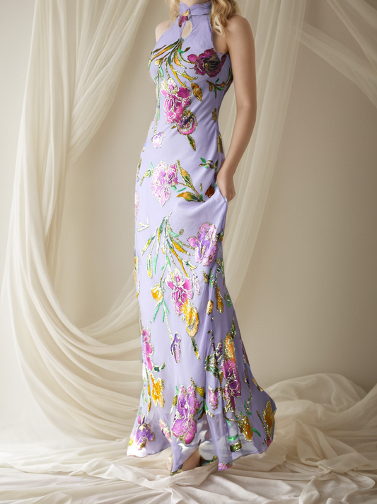 YuYue Hand-Painted Three-Dimensional Floral Silk Velvet Purple Vintage Bias-Cut Evening Dress