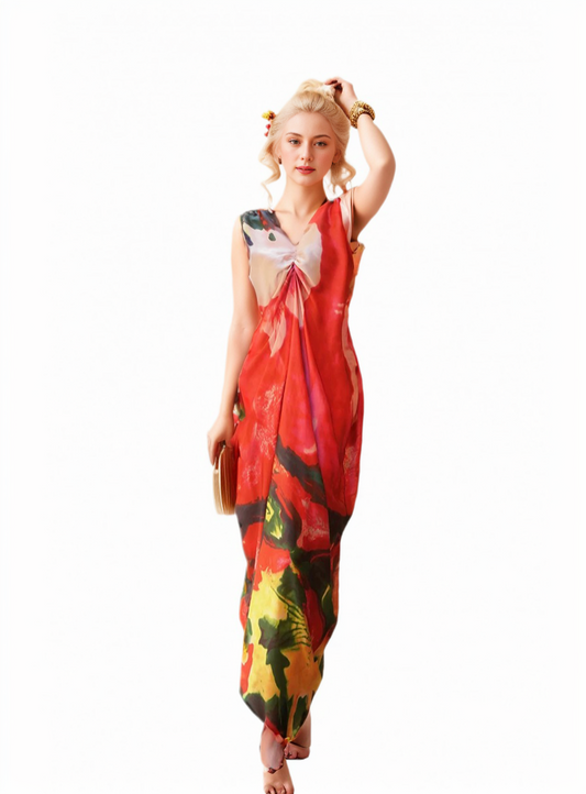 CharmYo Phoenix Satin Cocoon Abstract Print Dress