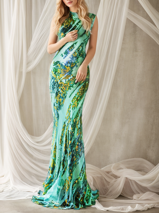 YuYue Blue Green Silk Velvet Hand-Painted Flocking Halter Neckline Peacock Bias-Cut Gown